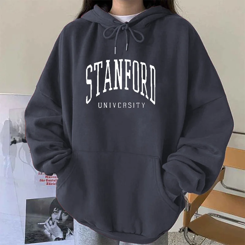 Seeyoushy Harajuku Stanford University Letting Print Sweatshirts Women Hoodies Long Sleeve Vintage Pullovers Drop-shoulder Tops