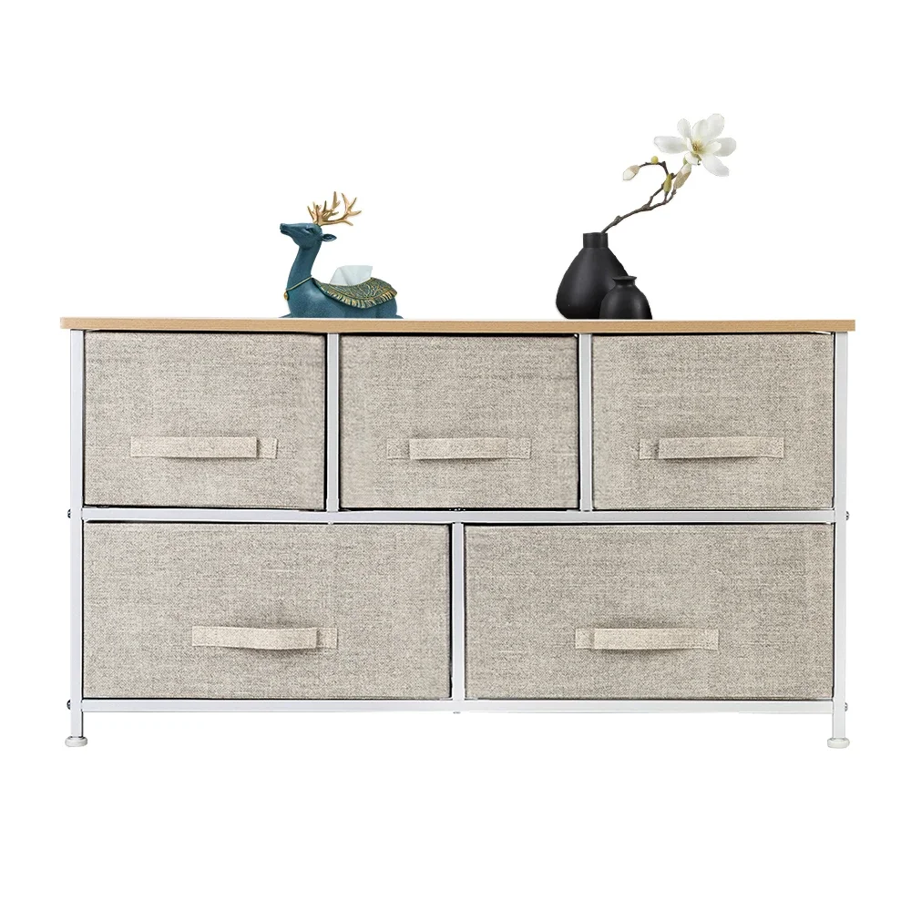 

2-Tier Wide Closet Dresser, Nursery Dresser Tower With 5 Easy Pull Fabric Drawers And Metal Frame, Multi-Purpose Organizer Unit