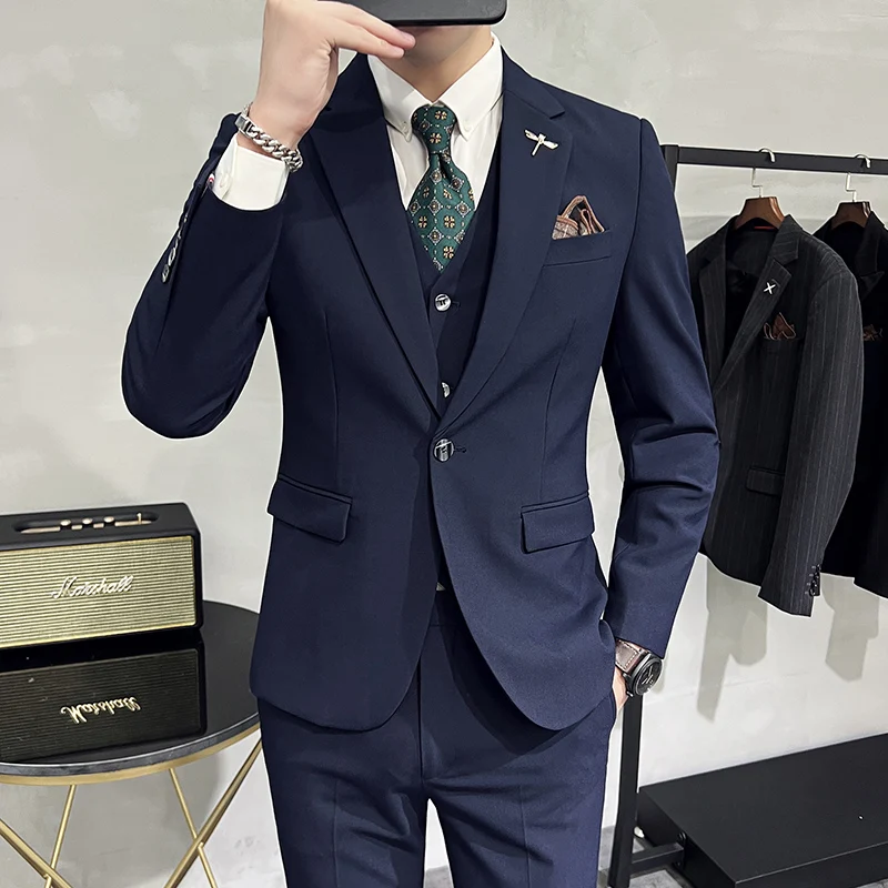 

2023New boutique wedding groom wedding (suit + vest + trousers) men's high-end handsome suit best man group dress three sets