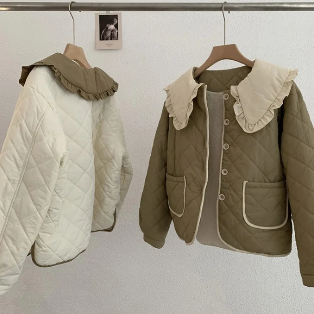 Vintage Kawaii Cotton Padded Jacket Women Japanese Ruffled Peter Pan Collar Sexy Parka Winter Tops Warm Patchwork Quilted Coat