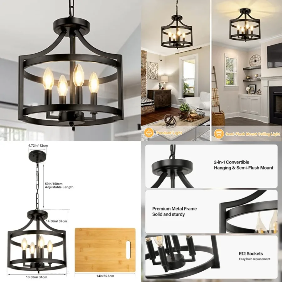 

4-Light Farmhouse Chandelier, Modern Hanging Pendant Lighting, Convertible Semi Flush Mount Ceiling Light Fixture Rustic Vintag