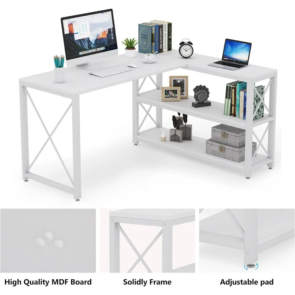 Standing Desk with Reversible Industrial L-Shaped, Corner Desk with Storage Shelves, Office Table