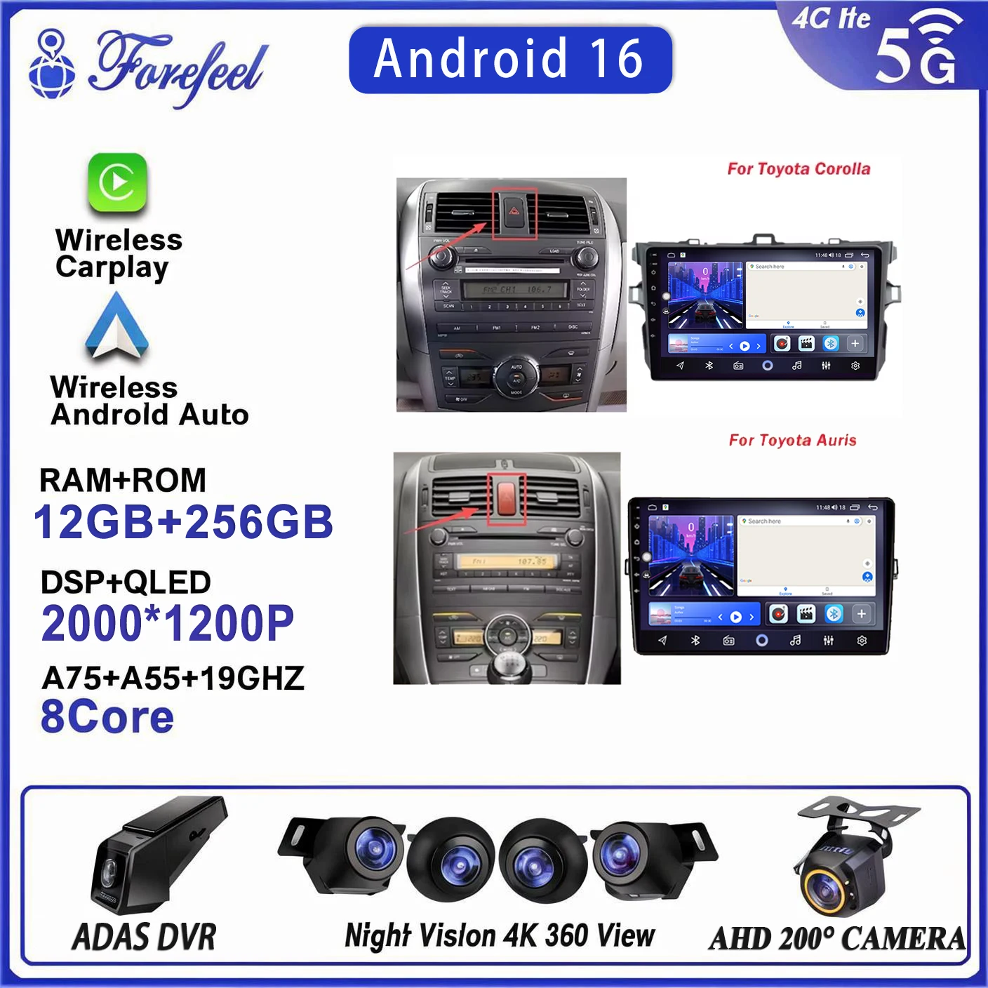 Radio con Pantalla Android 16 2K para Auto, para Toyota Corolla E140150 2007-2013, para Toyota Auris E150 2006-2012, con Cámara, GPS y Navegación