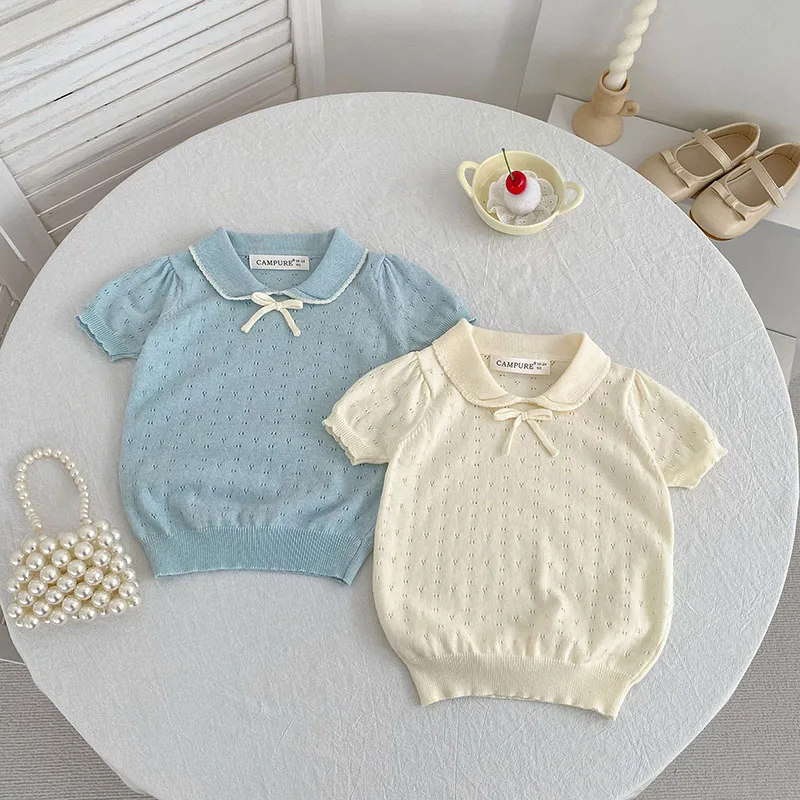 T-shirt Enfant 18M-7Y Nouvelle Collection Été 2026 – Vêtement Enfant Tricoté Respirant avec Nœud Mignon pour Filles