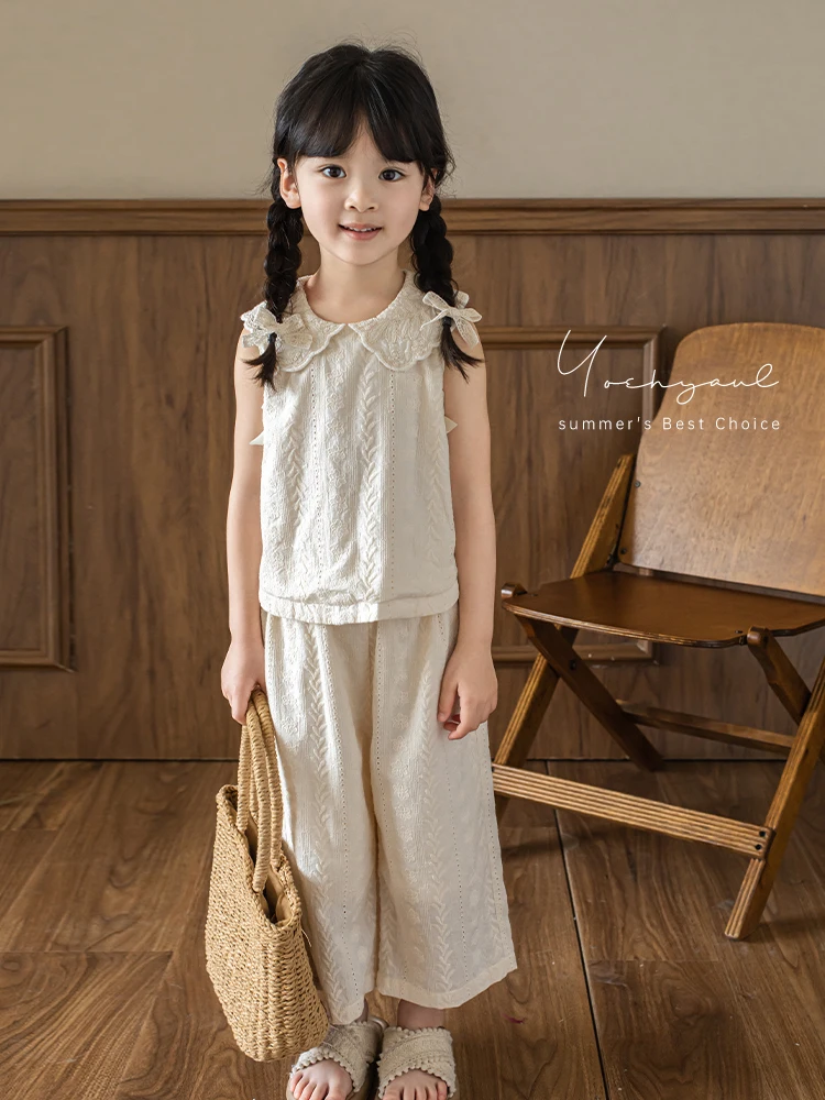 

Girl's Embroidery Set 2024 Summer Vitality Cute Bow Sleeveless Top Loose Straight Wide Leg Pants