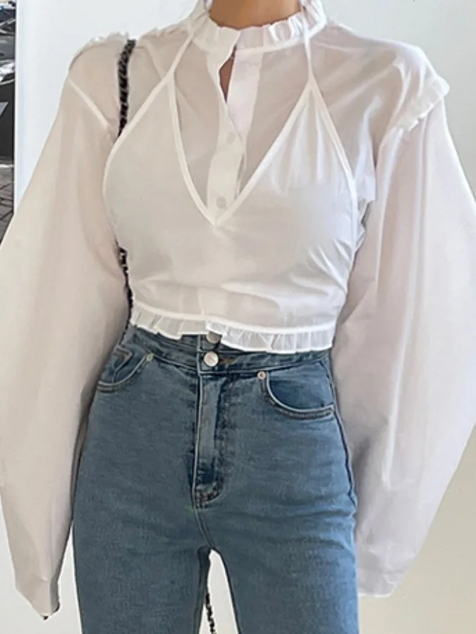 Ele Long Sve irt Stehkragen Overlap Netie Set Wood ain Spring Faion Damen T-Shirt Chinesische Marke