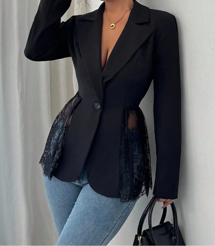 

Autumn and winter new contrasting color lace slimming A-line women's suit jacket