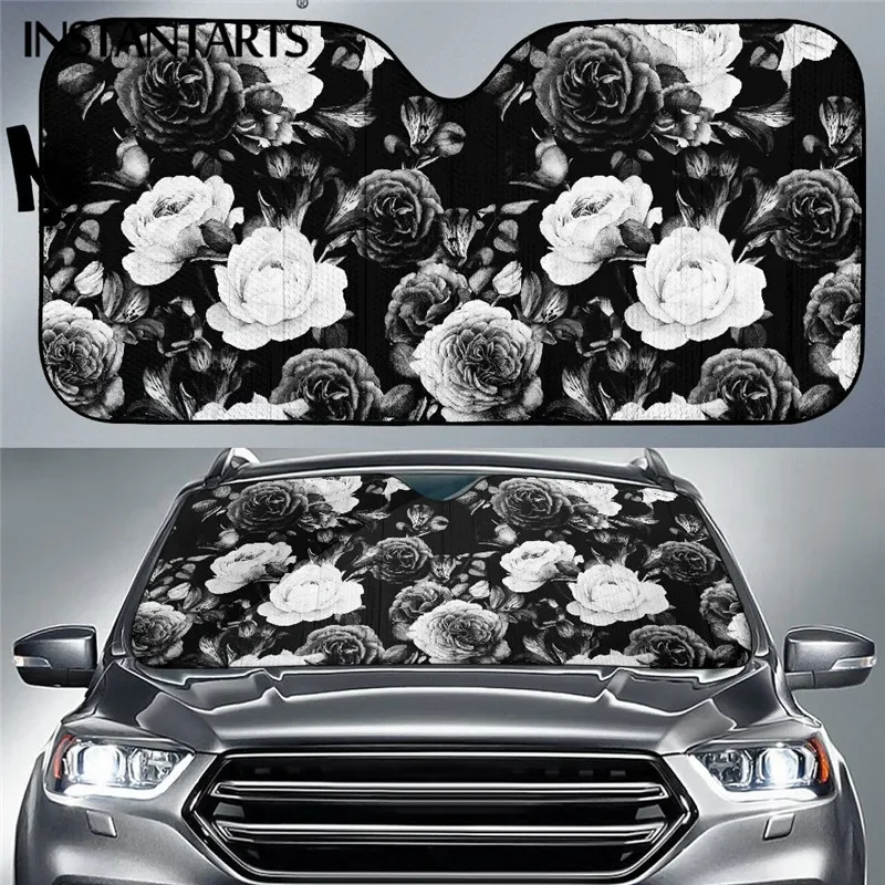 INSTANTARTS Black White Rose Floral Pattern Print Car Sun Shade Vintage Rose Universal Car Windshield Cover Interior Accessories