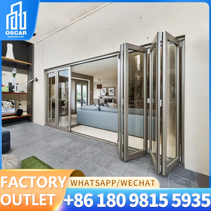 Thermal Break Aluminum Impact Proof Soundproof Commercial Exterior Accordion Folding Aluminum Doors Double Glazed BiFolding Door