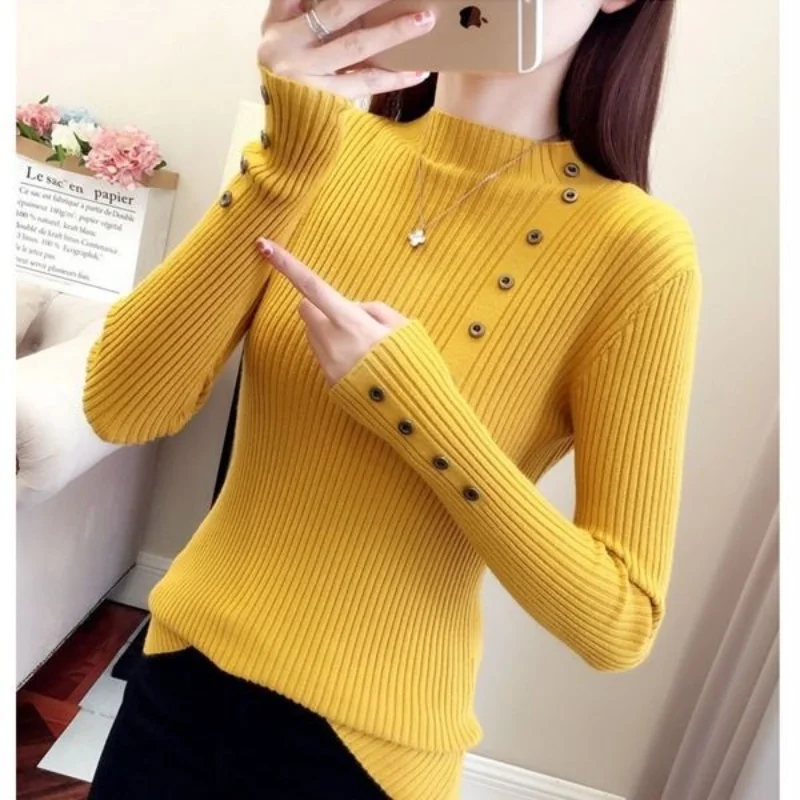 Women Autumn and Winter Korean New Half High Neck Sweater Solid Button Warm Knitted Shirt Slim Fit Versatile Long Sleeved Tops