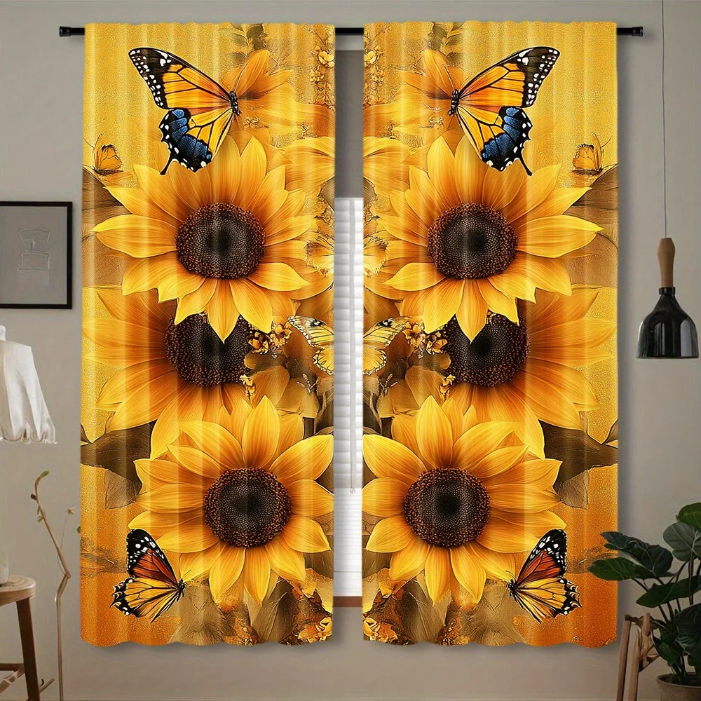 Sunflower Monarch Butterfly Curtain 2 Panels, Bright Yellow Sunflower Butterfly Warm Golden Background Print, Drapes for Curtain