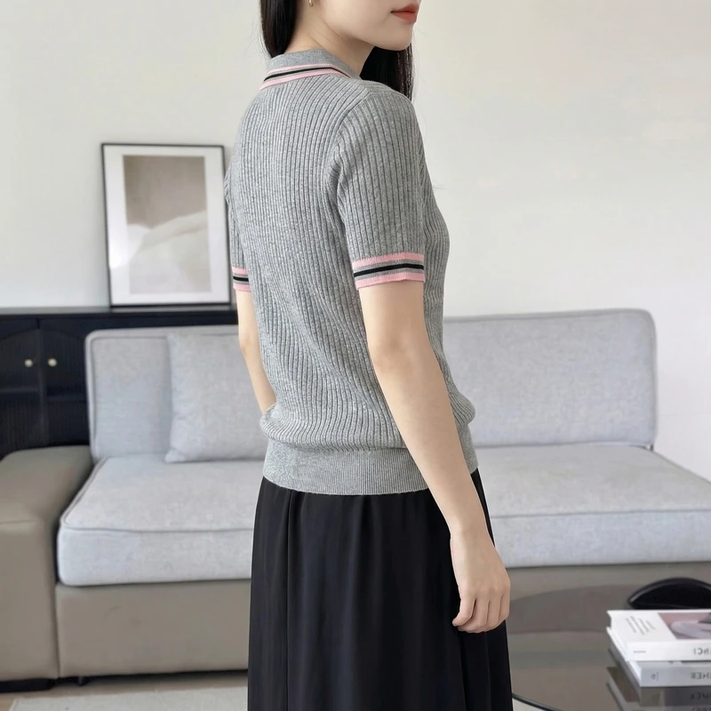 Women's 100% Pure Cotton Short Sleeve Polo Shirt Slim Fit Summer T-Shirt Fashion Contrasting Color Striped Top Slimming Vest