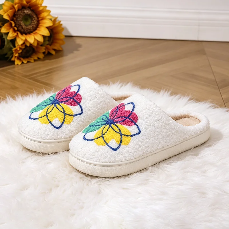 

Colorful Flowers Slippers Women House Winter Plush Designer Shoes Girls Warm Elegant Indoor Fuzzy Fur Slides Soft Sole Non-Slip