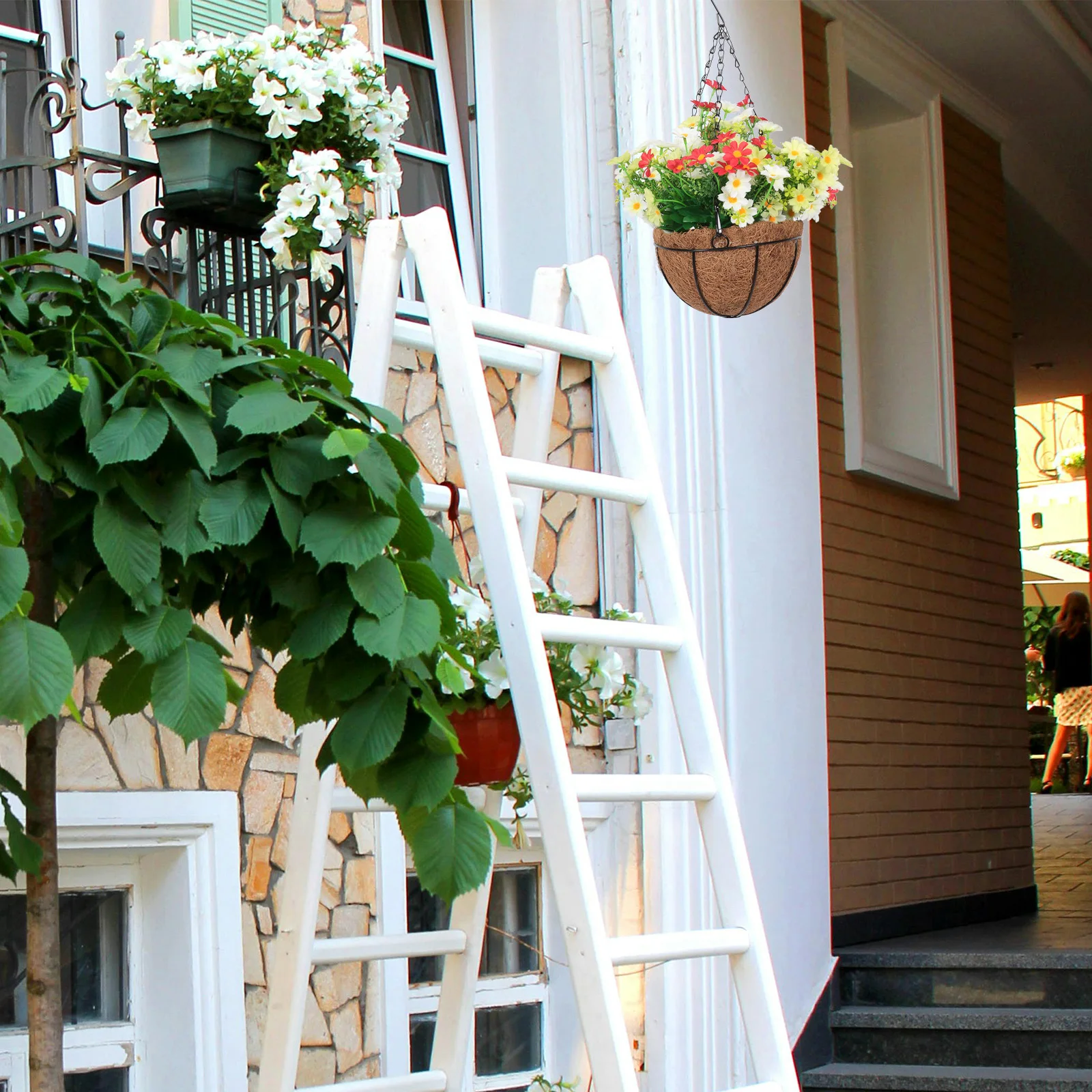 

Creative Hanging Flower Baskets Faux Flowers Coconut Lined For Yard Indoor Outdoor Plant Decor Hanging Flowerpot