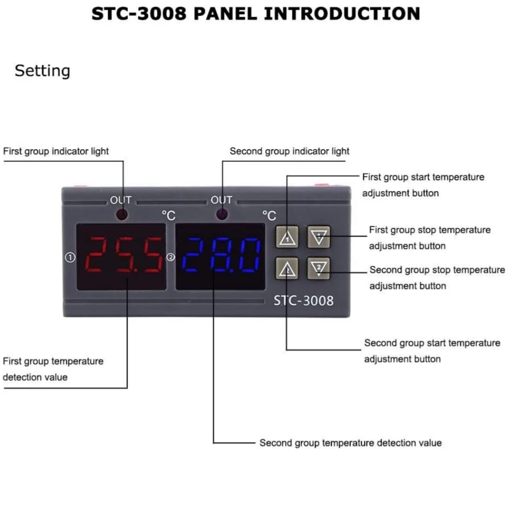 STC-3008 KT99 Dual Digital Temperature Controller Two Relay Output 12V 24V 220V Thermoregulator Thermostat With Heater Cooler