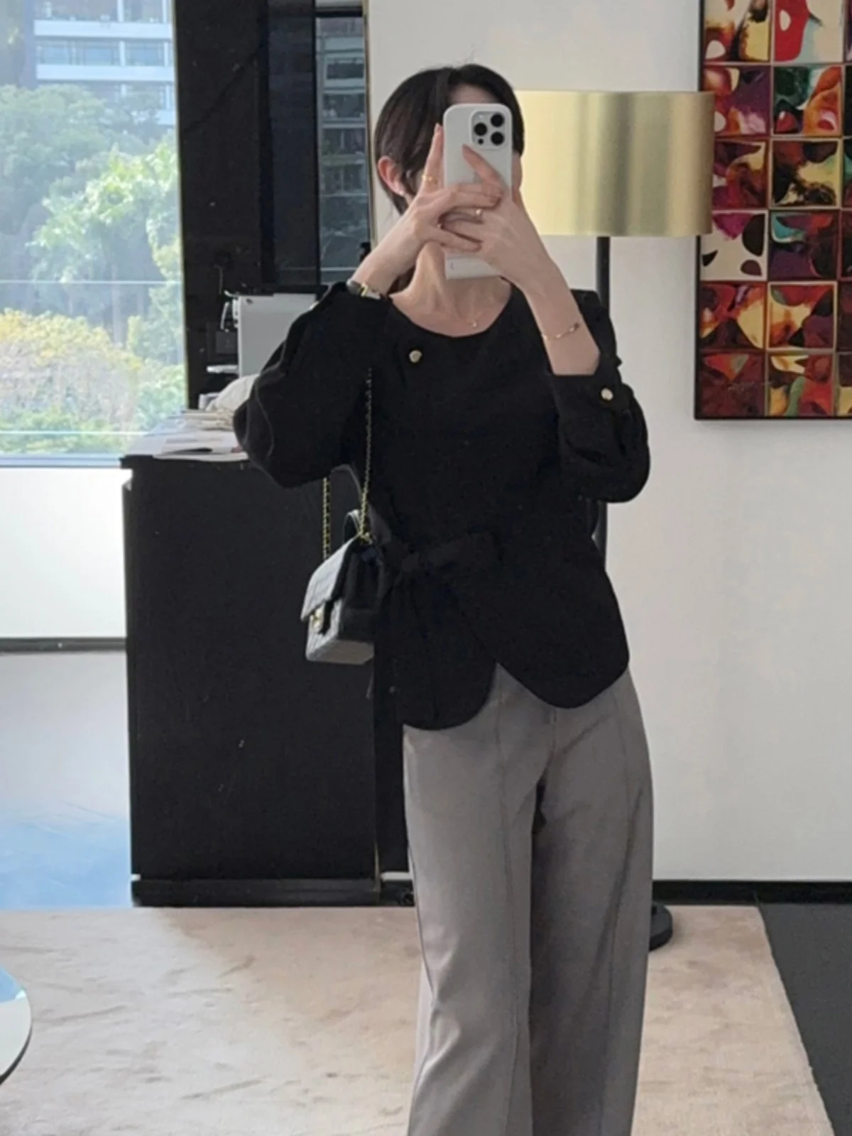 

Korean Sle Thin Belted Women's Jaet Spring 2025 Slimming Long Sve irt Faionable Tummy Control Office Wear