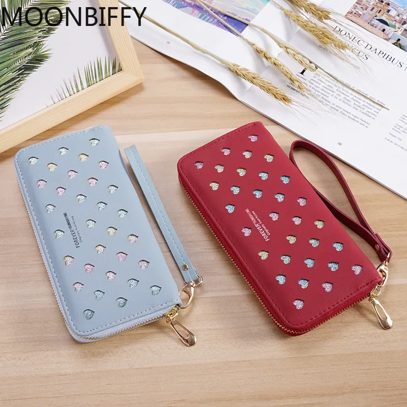 Wallets for Women Long Large Capacity Mobile Phone Bag Love Heart Hollowed Out Long Clutch Ladies Coin Purse carteras para mujer