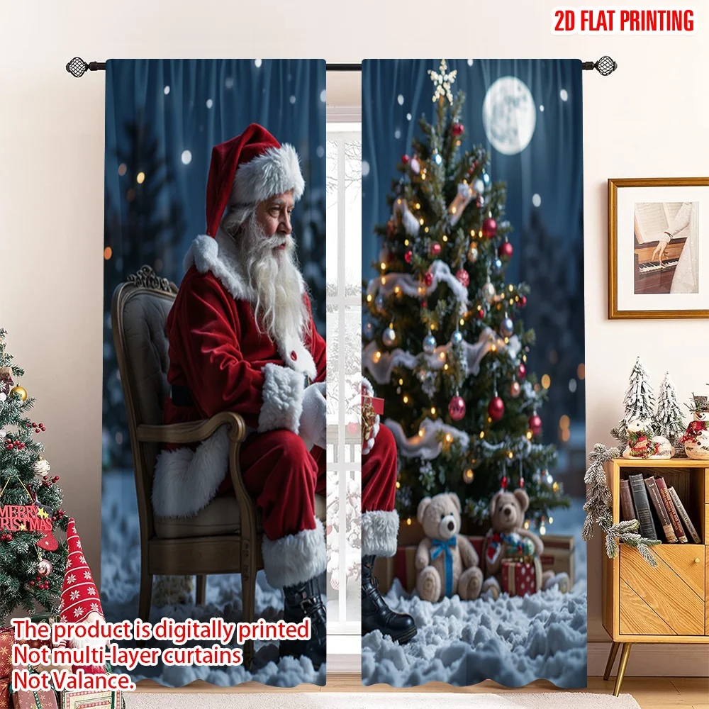 

2pcs 2D flat printing Christmas Party Curtain Santa Claus Holding Gift Christmas Tree Polyester Fabric Without Electricity
