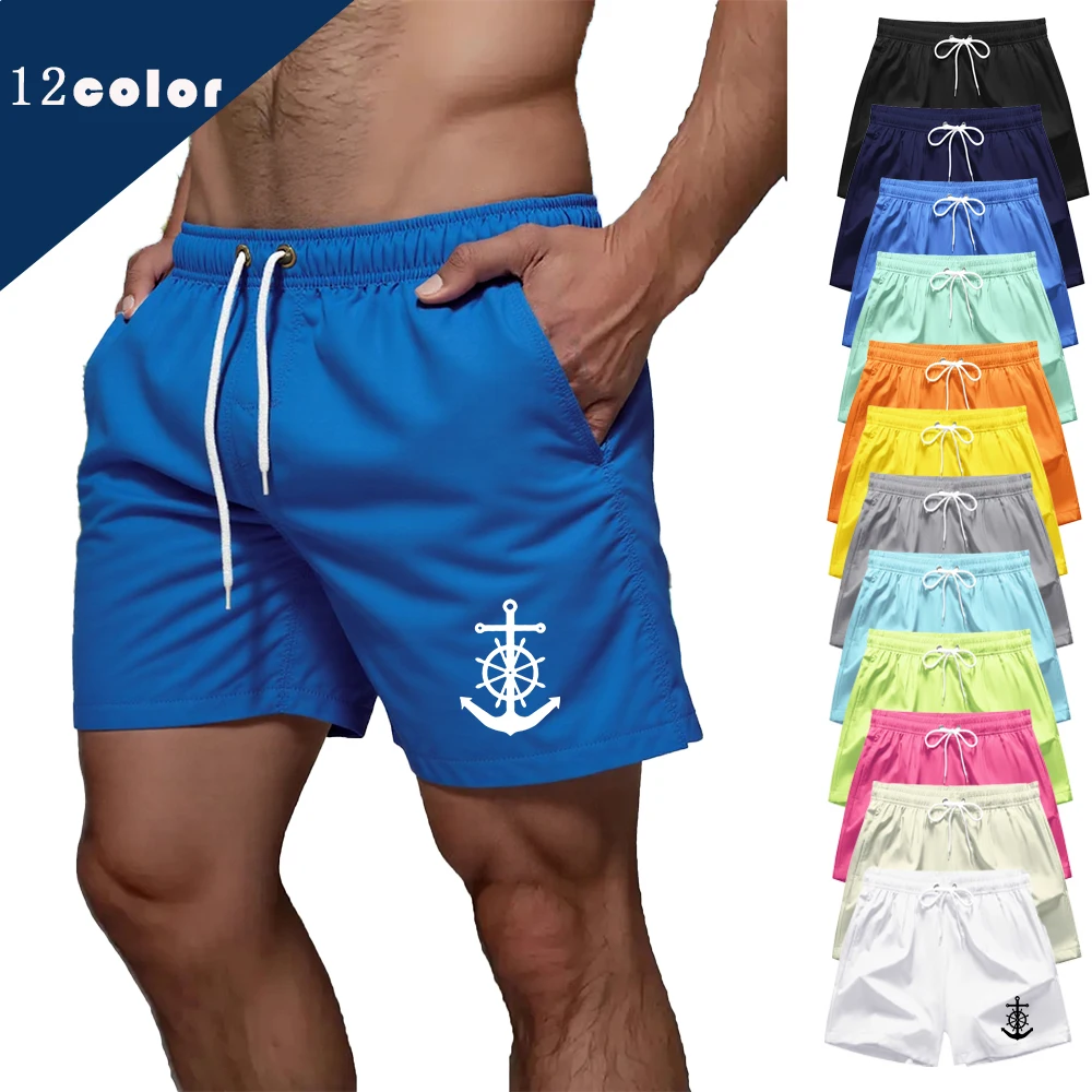 Anchor Print Beach Shorts for Men Summer Holiday Casual Board Shorts Quick Dry Swim Trunks with Mesh Lining Side Pocket Swimwear