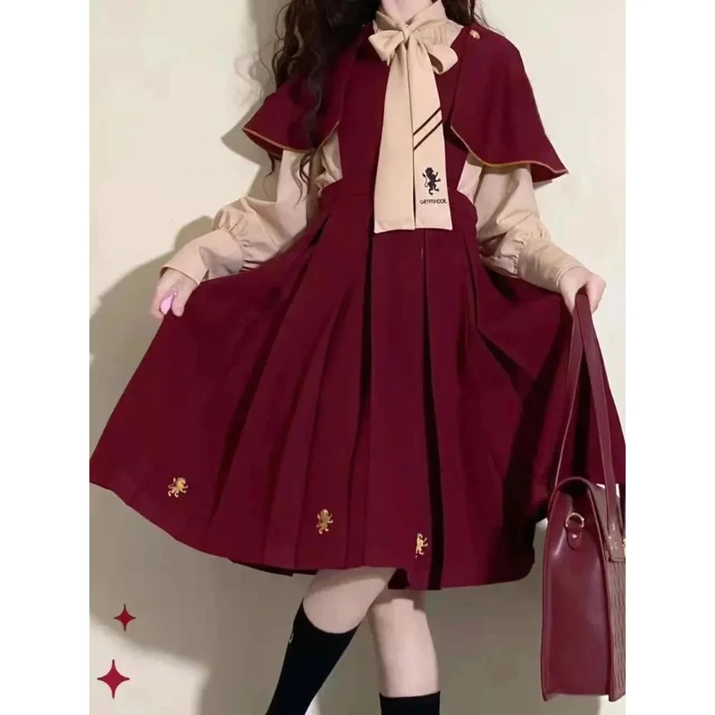 Vestido de primavera para mujer, traje de estudiante Preppy coreano suelto, capa japonesa, chal + camisa con pajarita y vestido de tirantes, conjuntos de tres piezas para chica Kawaii