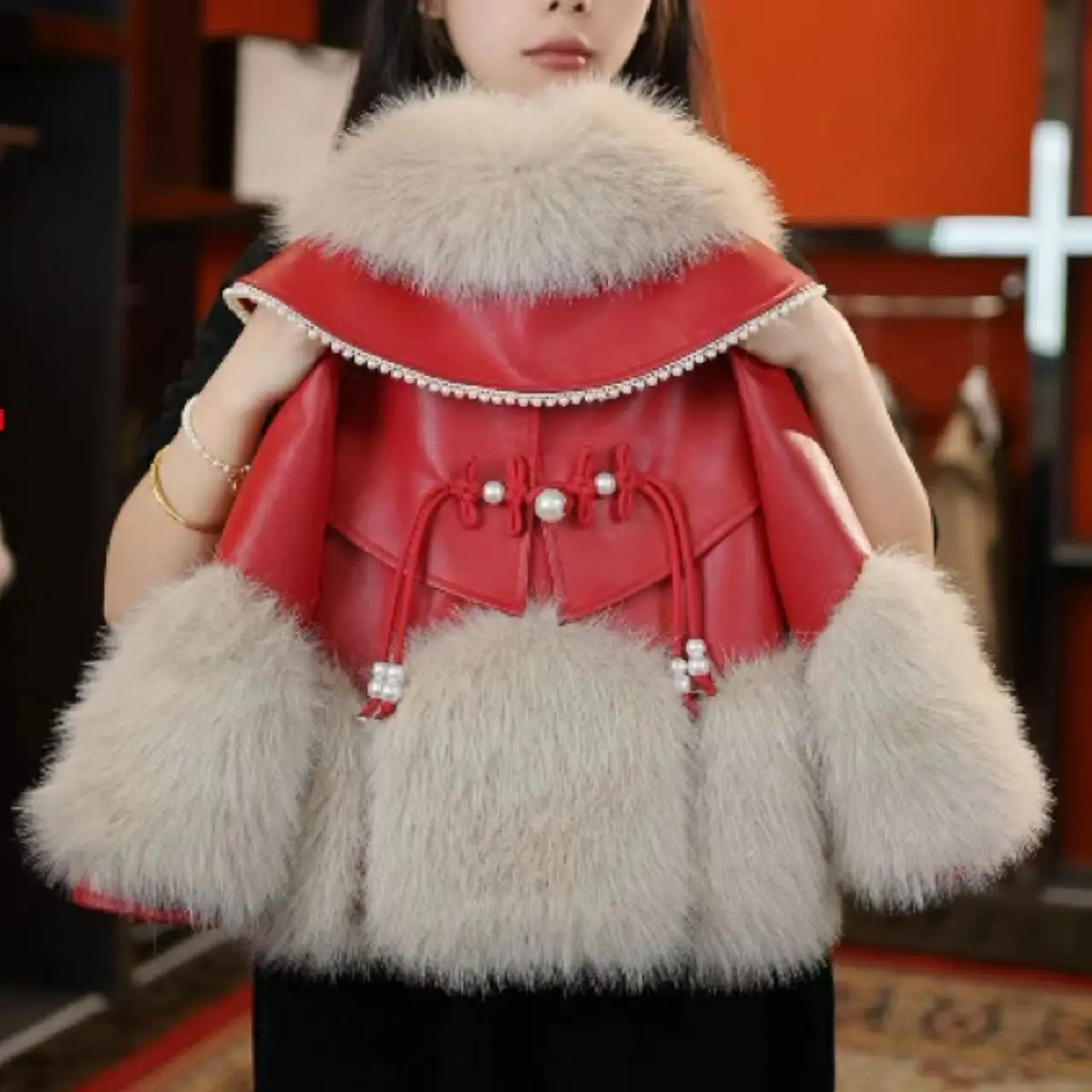 أطفال بنات معطف الفرو الخريف والشتاء 2026 نمط جديد للأطفال المخملية سميكة الأحمر السنة الجديدة العبادة معطف سترة جلدية