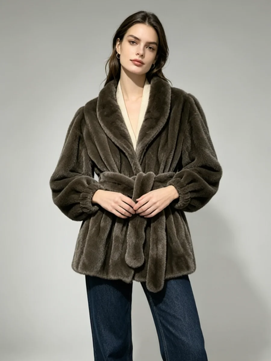 LIMO  Faux Mink Fur Coat Women Shawl Collar Belted Waist Puff Sleeve Mid Winter Luxury Warm Jacket