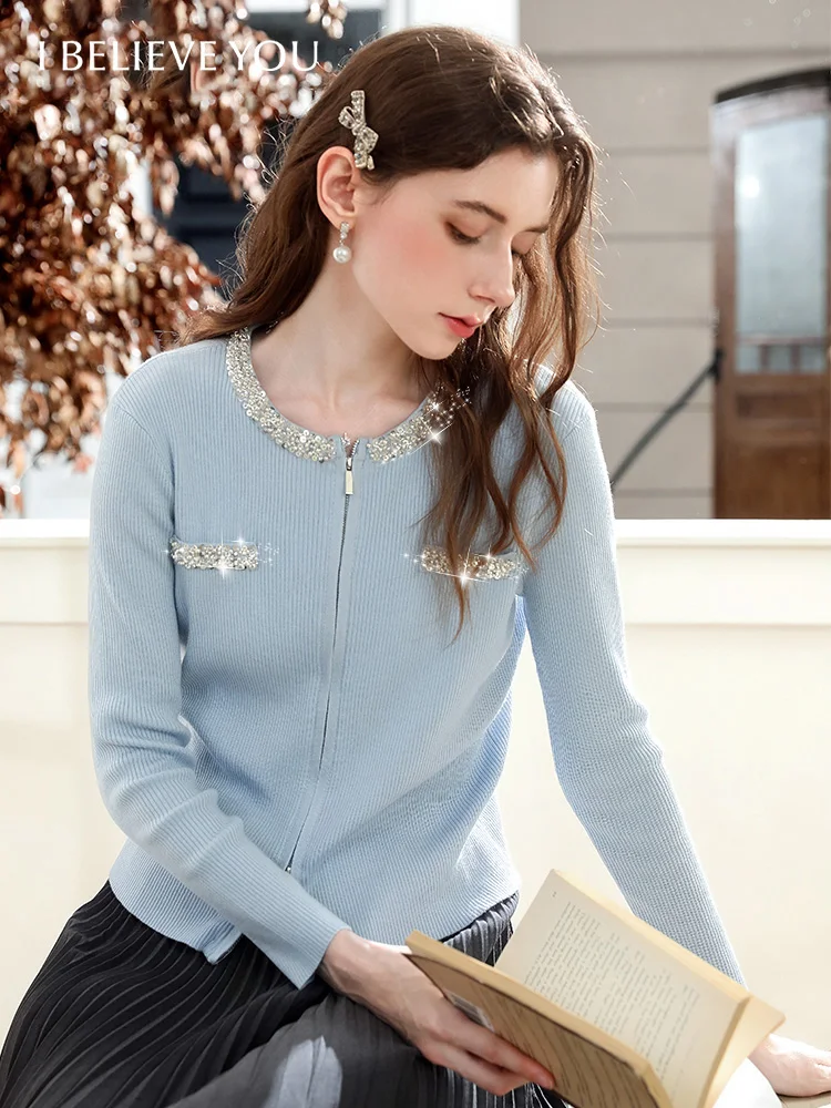 I BELIEVE YOU Women Long Sleeve Tops 2025 Autumn Fashion Commute Solid Nail Bead Double Zipper Wool Knitted Cardigan 2253146127