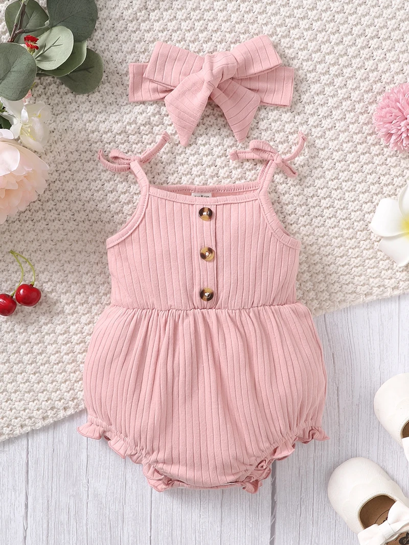 2024 New 0-9 Months Pink Cute Baby Romper Newborn Baby Girl Suspender Triangle Bodysuit with Headband 2PCS Clothes for Baby Girl