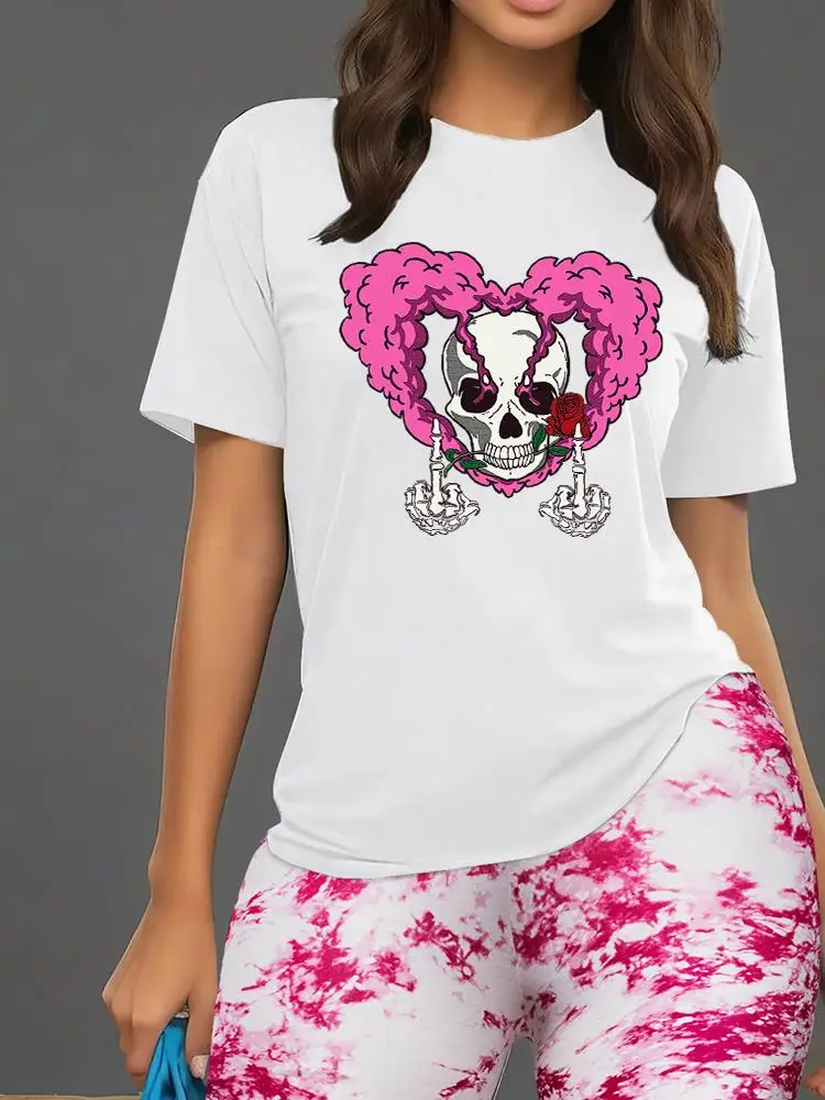 

Love Skull Print Tshirting Set Casual Fashionable Cotton T-Shirt- Polyester Elastic Floral Pants Breathable Soft Shirt Shorts