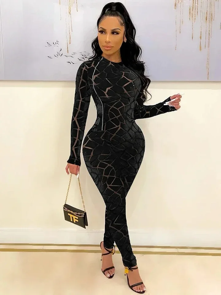 

Mesh Velour Sexy Romper Jumpsuit Women Side Zipper Long Sleeve Night Out Club Party Bodycon One Piece Overall for Women