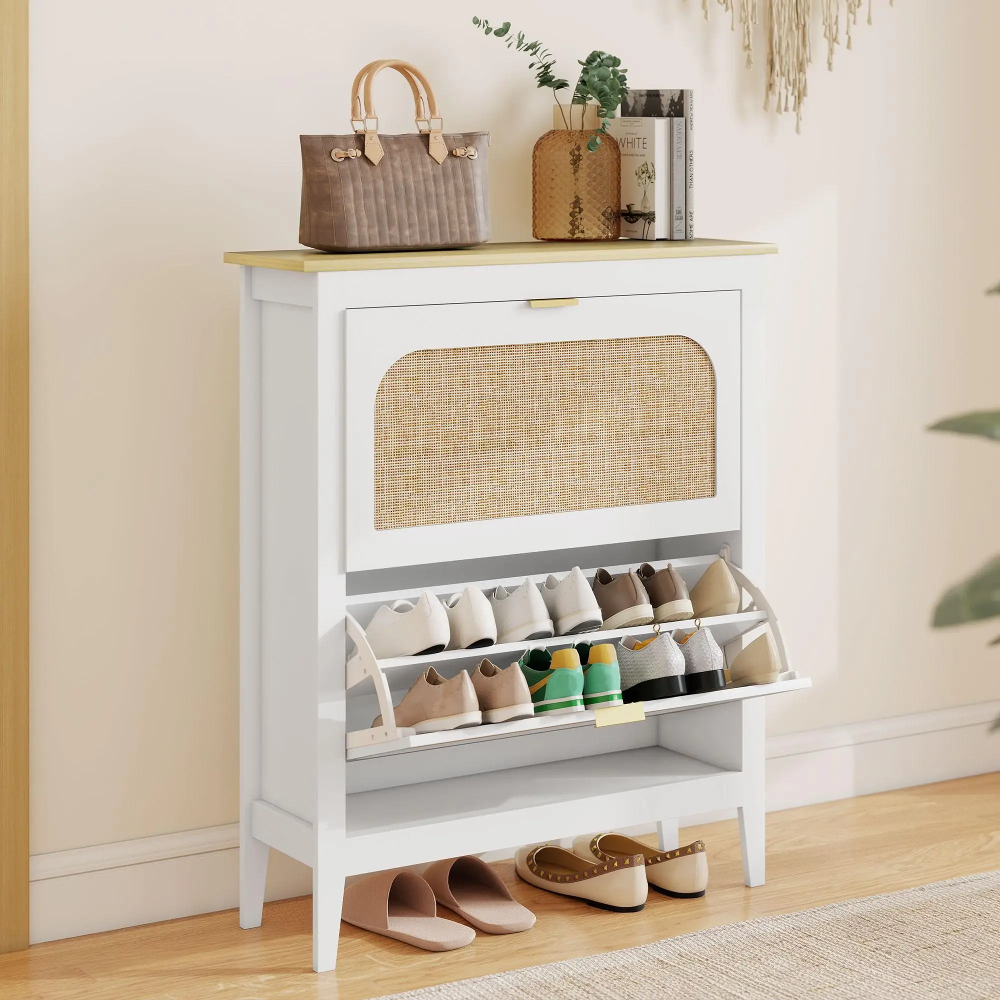 Meuble à chaussures blanc boho avec 2 cadres pliants, capacité 14 paires 80x24x95,5 cm avec finition rotin