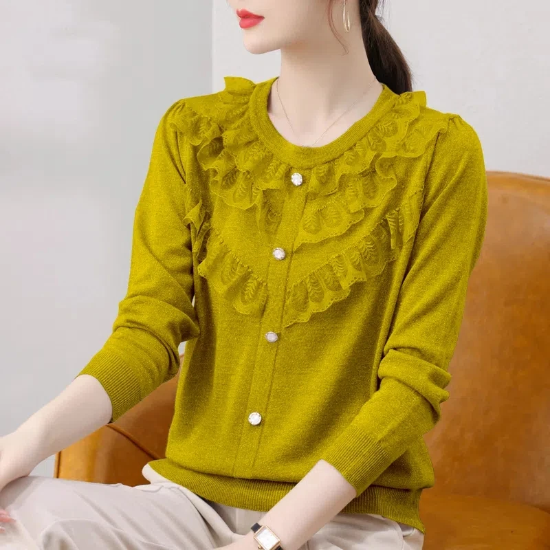 Girocollo alla moda pizzo fiore bordo maglione donna Pullover coreano sciolto lavorato a maglia Top femminile a maniche lunghe in maglia