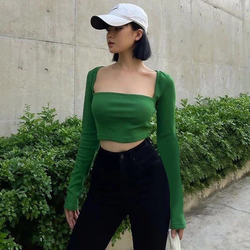 

. Elegant New Tops Women Slim and Thin Showing Navel Solid Color Bottom Shirt Gentle Long Sleeve Square Neck Short t-shirt