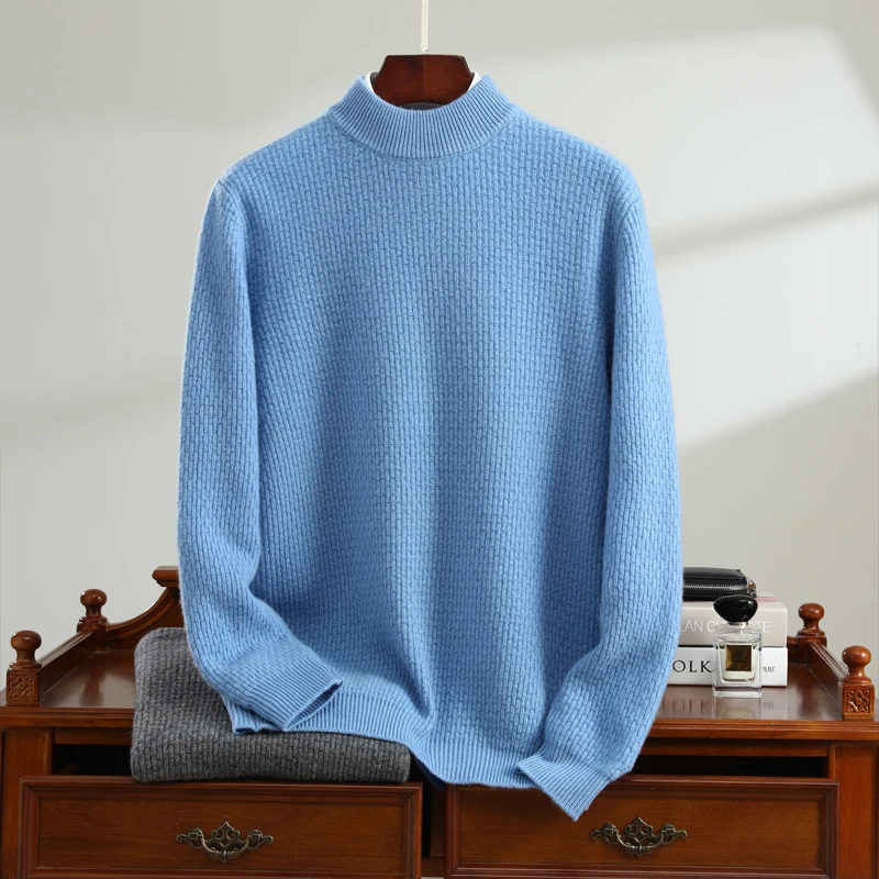 100% Wool Sweater Men's Thick Knitted Semi High Neck Sweater Pullover, 2024 Autumn and Winter Fashion Wool Top Popular