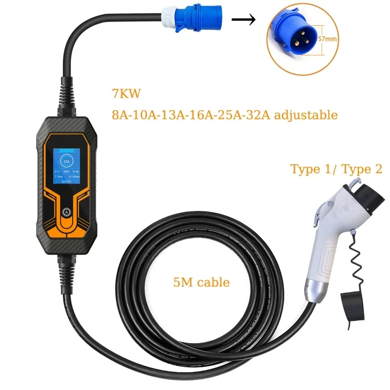 Przenośny ładowarka EV 32A 7KW Type2 J1772 5M kabel pojazd elektryczny przenośne ładowarki szybkie Cargador EVSE etui z funkcją ładowania ładowarka samochodowa