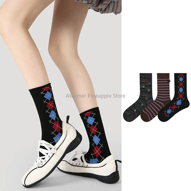 

Original Socks for Women Autumn Thin Argyle Mid-Calf Socks Seamless Stripe New Style Fashionable Socks for Women
