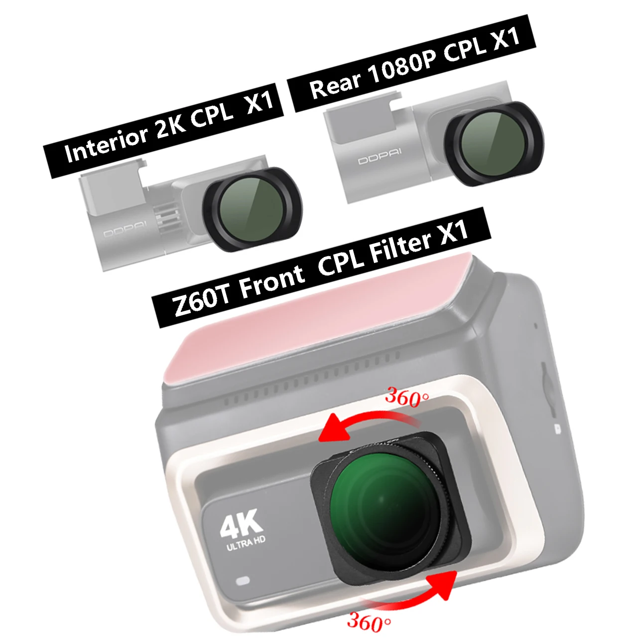 For DDPAI Z60T Dash Cam 3 Channel Front  CPL Filter HD Lens Dust Protection Anti Glare for ddpai Rear camera CPL Filter
