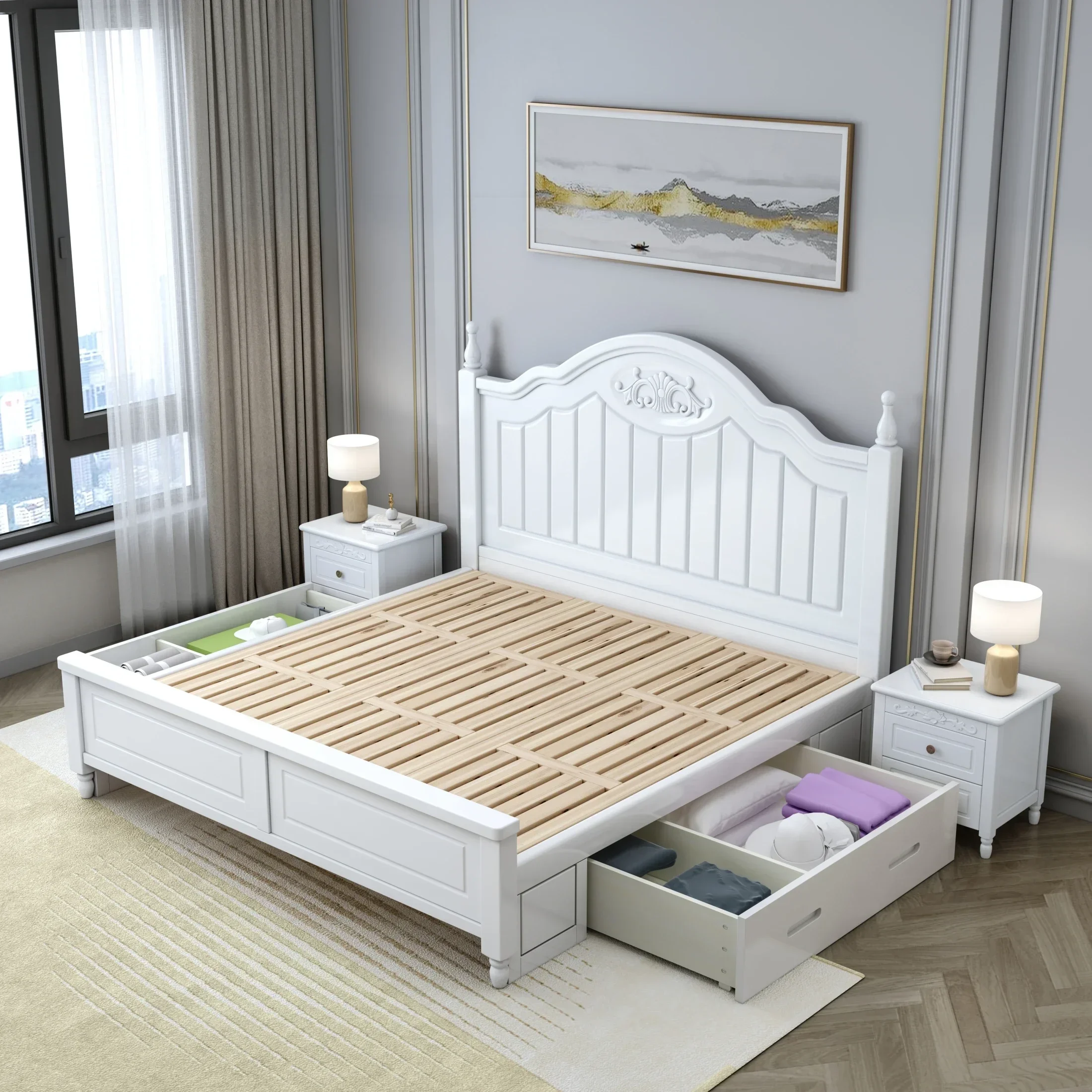 American solid wood bed, 1.8m double bed, white marriage bed, modern simplicity, 1.5m high box storage, master bedroom, large