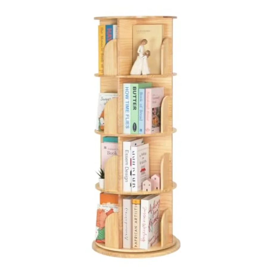 4-Tier Solid Wood Rotating Bookshelf, Spinning Bookshelf for