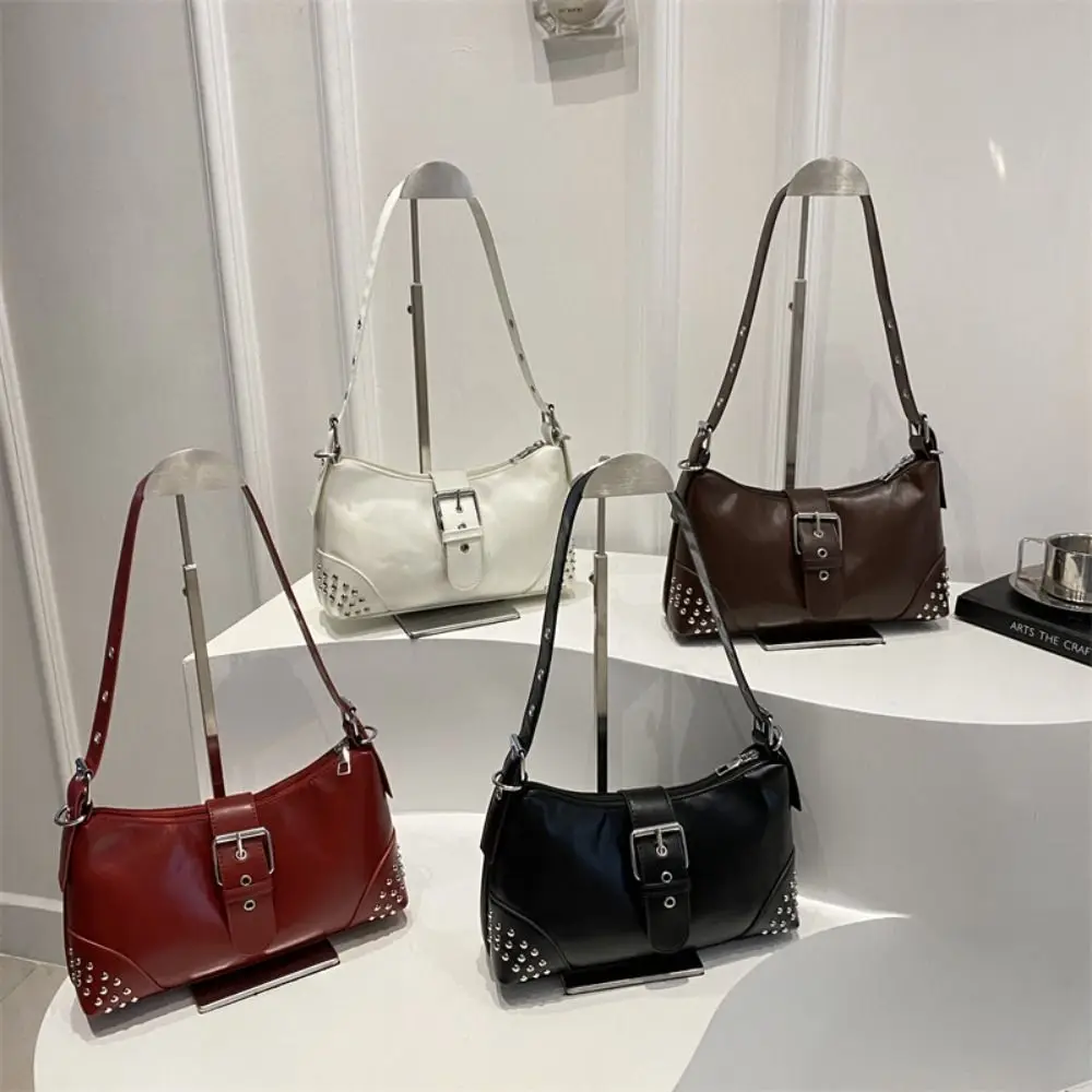 

Fashion Designer Buckle Armpit Bag Vintage Y2k Rivet Shoulder Bag Gothic Pu Leather Spicy Girl Handbag Female