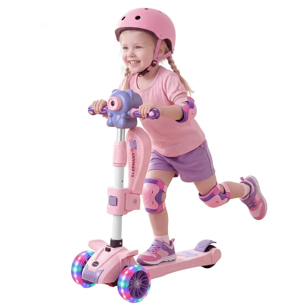 Foldable Children's Scooter for Ages 1-3-6-10, Ride On Toy with Seat Bubble Machine LED Light Wheels, Adjustable Height Scooter