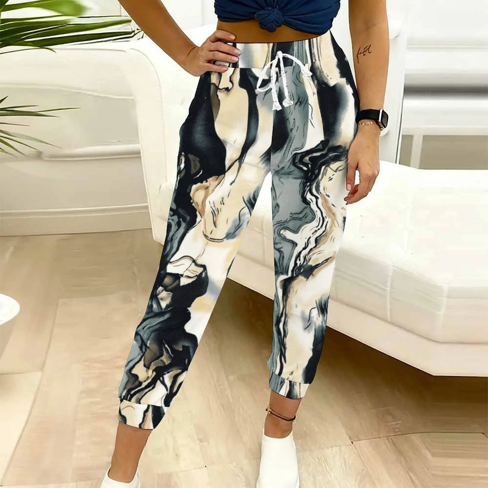 Ink and Wash Printing Drawstring Pocket Pants Autumn Winter Fashion Sport Pants Slim Versatile TrousersWomen's Casual Classic