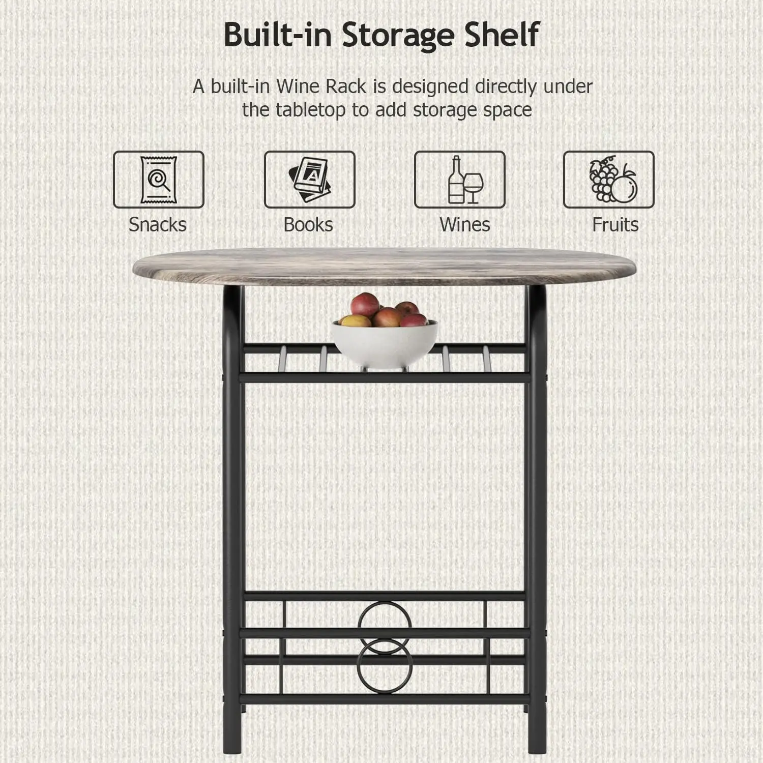 Jummico 3-Piece Wooden Round Table & Chair Set, Space Saving Kitchen Breakfast Nook Wood Grain Tabletop With Metal Frame And