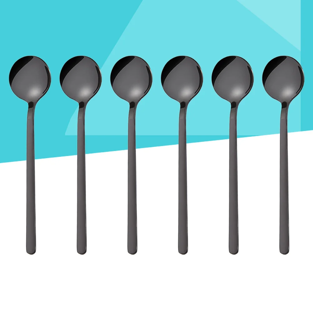 

6 pcs 13Cm Stainless Steel Round Coffee Spoon Mirror Polished Tea Espresso Stirrer Non-Slip Handle Home Restaurant Use Black