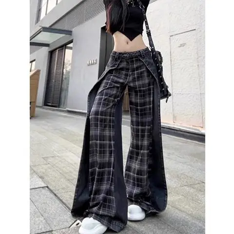 

Design Inspired High Street Plaid Patchwork Jeans for Women in The Spring of 2025 New Retro Loose Wide Leg Floor Pants