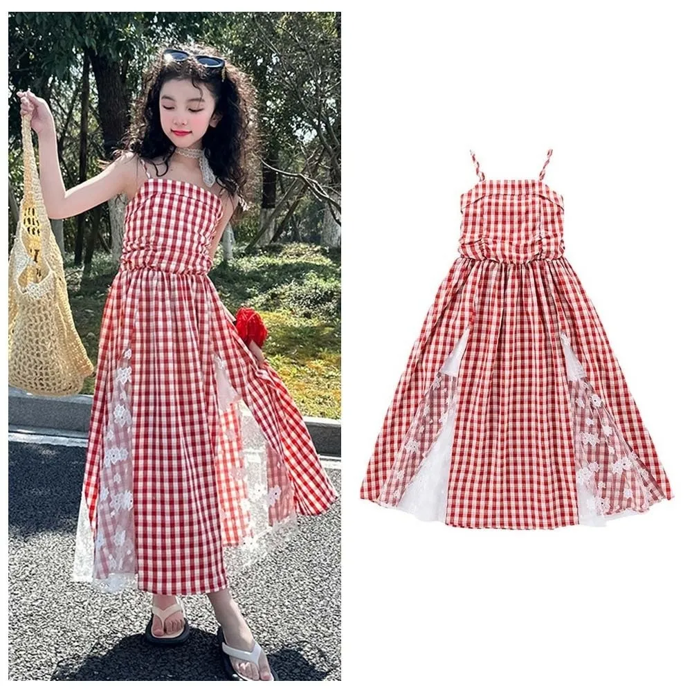 

Suspenders Children Plaid Dress Sleeveless Ruffled Kids Grid Long Dress Princess with Mesh Lace Flower Girls Patchwork Skirt