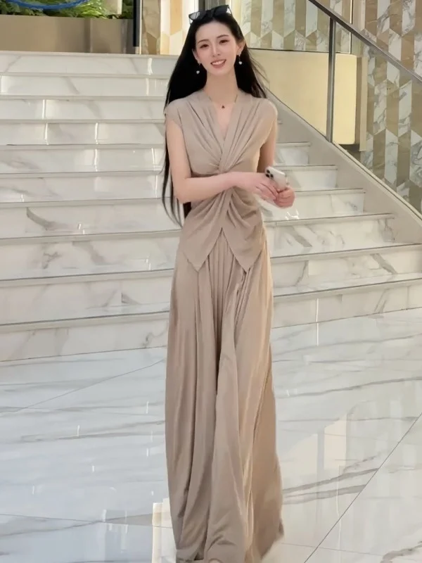 Conjunto de Duas Peças com Nó E, Top com Decote em V e Calças de Perna Larga, Roupa de Verão Faion de Alto Padrão pa...