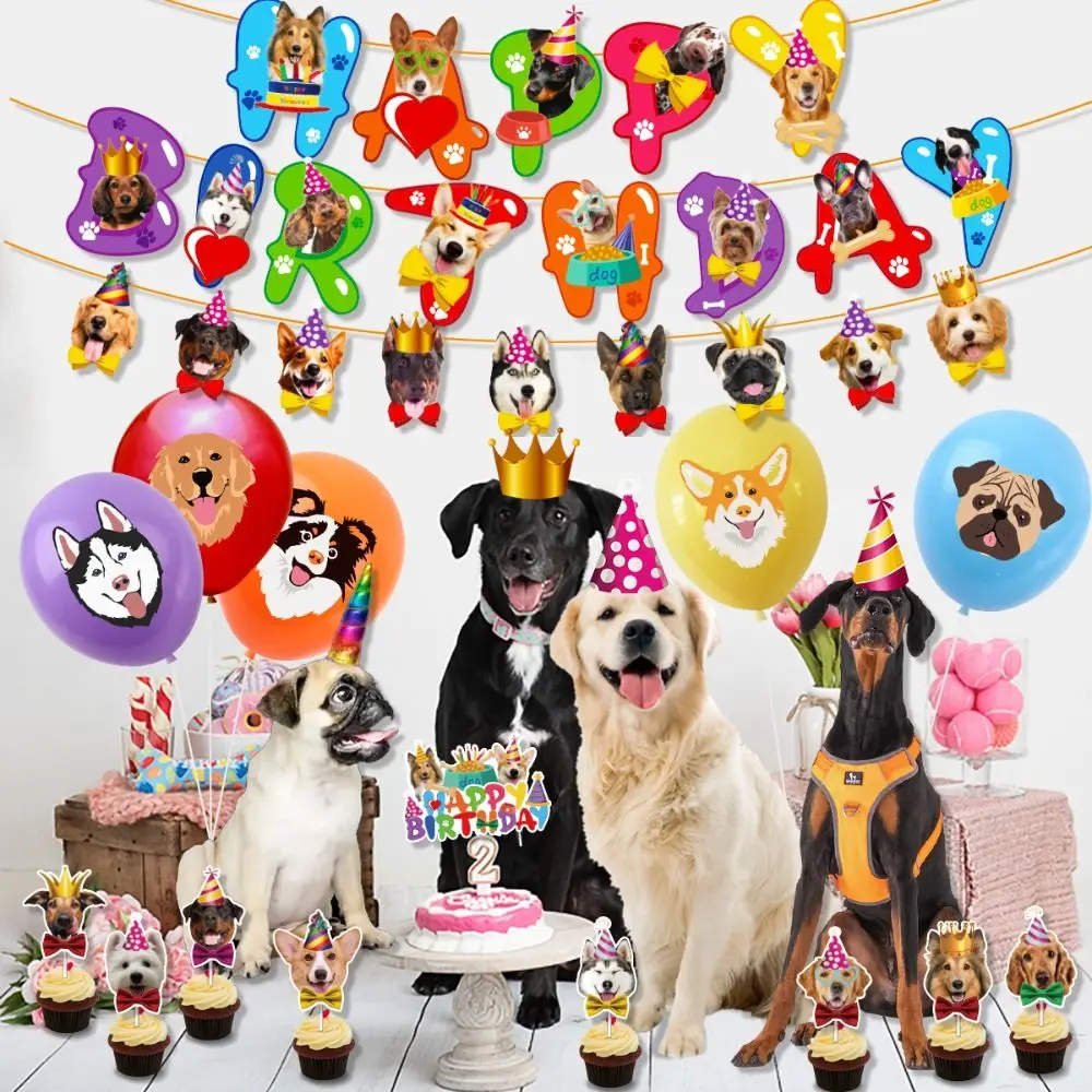 Animal Theme Party Pet Birthday Decoration Cute Dog Banner Flags Cartoon Dogs Face Cupcake Topper Cake Decorating For Party