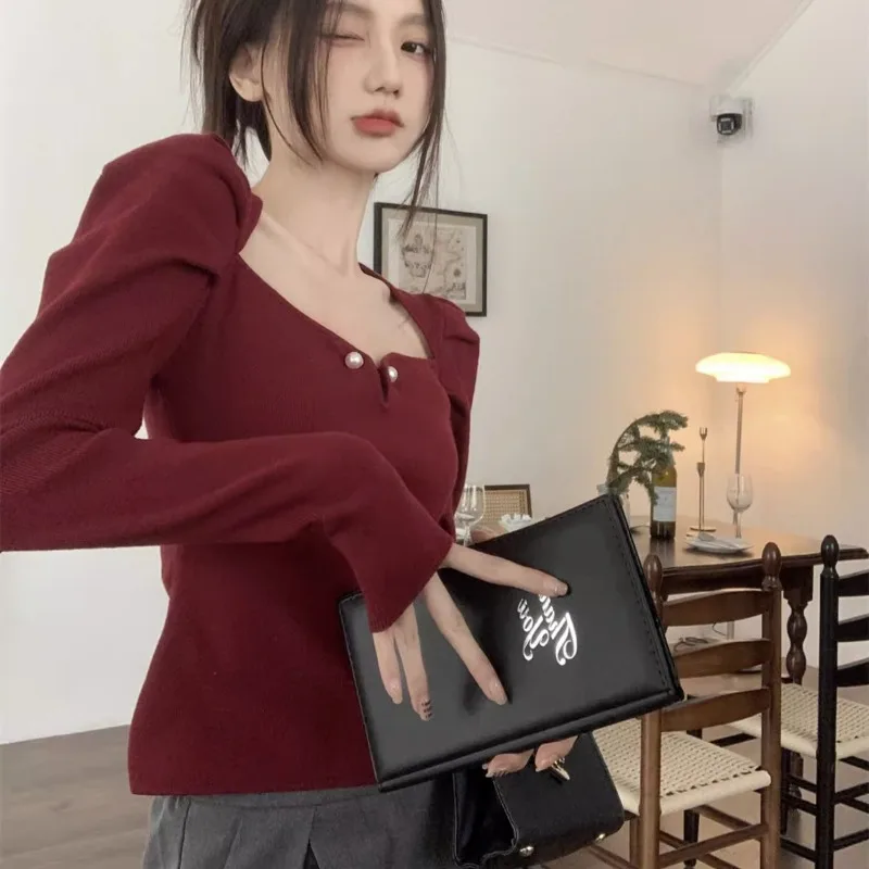 Camisetas con cuello cuadrado para mujer, diseño sólido, moda coreana única, combina con todo, corte entallado, interior de punto, informal, Popular, Otoño Invierno