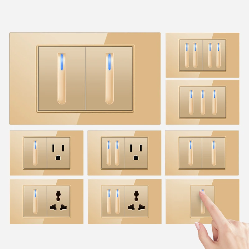 

ELEGAN Model 118 Reset Piano Key Gold Tempered Glass USA Mexico Universal Socket Wall Light Button Switch Socket LED Indicator